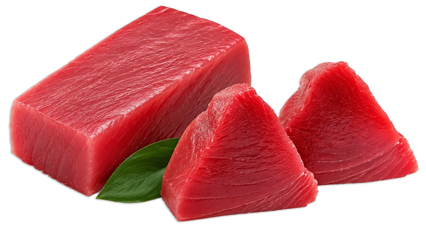 Premium tuna cut alongside sliced tuna cubes.