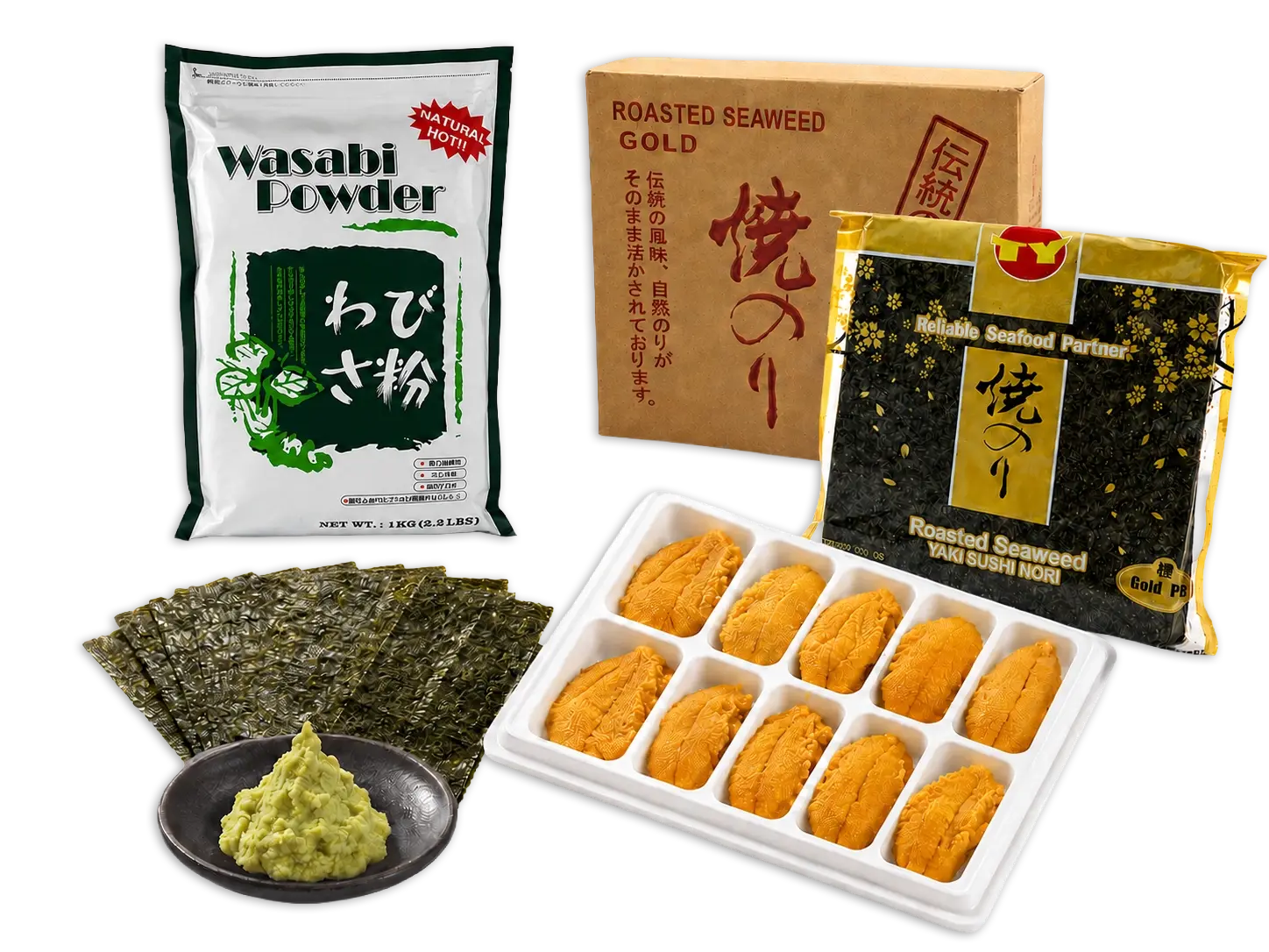 Japanese specialty ingredients including nori, wasabi, uni, and packaged restaurant products
